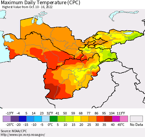 Central Asia Maximum Daily Temperature (CPC) Thematic Map For 10/10/2022 - 10/16/2022