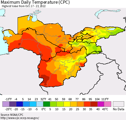 Central Asia Maximum Daily Temperature (CPC) Thematic Map For 10/17/2022 - 10/23/2022