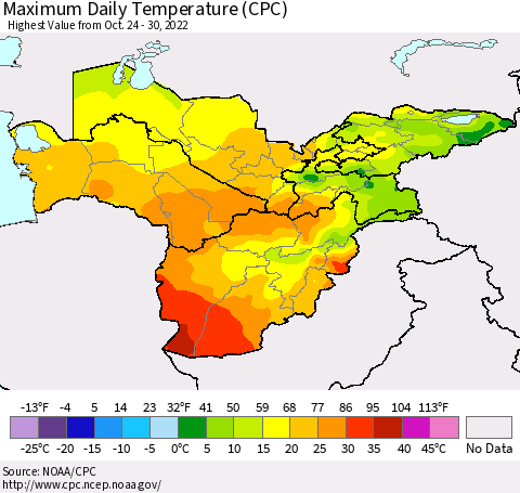 Central Asia Maximum Daily Temperature (CPC) Thematic Map For 10/24/2022 - 10/30/2022