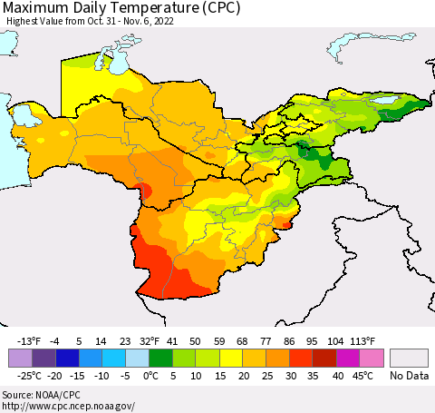 Central Asia Maximum Daily Temperature (CPC) Thematic Map For 10/31/2022 - 11/6/2022