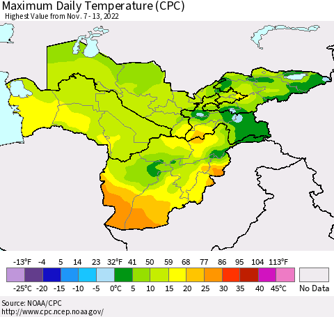Central Asia Maximum Daily Temperature (CPC) Thematic Map For 11/7/2022 - 11/13/2022