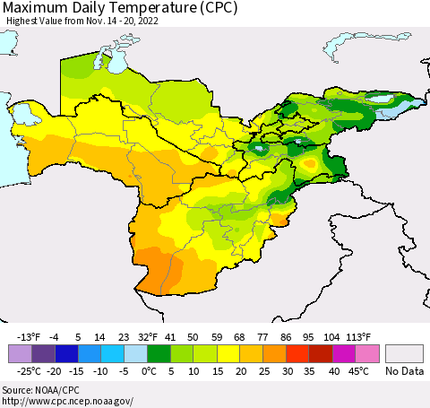 Central Asia Maximum Daily Temperature (CPC) Thematic Map For 11/14/2022 - 11/20/2022