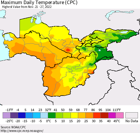 Central Asia Maximum Daily Temperature (CPC) Thematic Map For 11/21/2022 - 11/27/2022