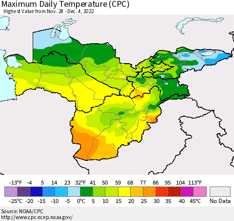Central Asia Maximum Daily Temperature (CPC) Thematic Map For 11/28/2022 - 12/4/2022