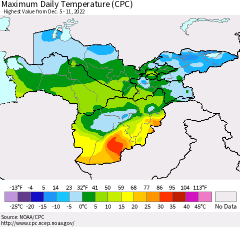 Central Asia Maximum Daily Temperature (CPC) Thematic Map For 12/5/2022 - 12/11/2022