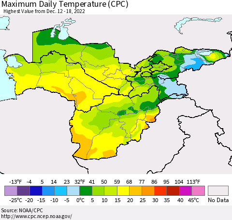 Central Asia Maximum Daily Temperature (CPC) Thematic Map For 12/12/2022 - 12/18/2022
