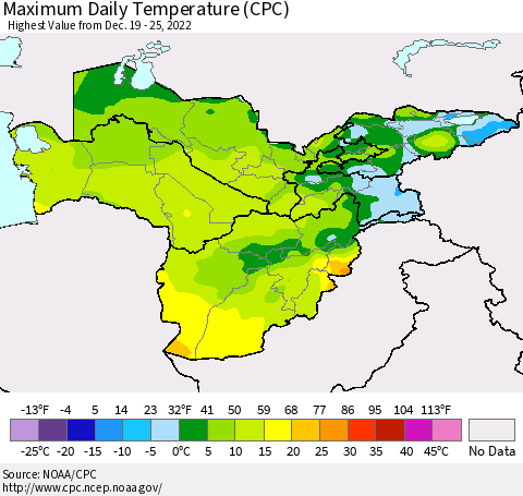 Central Asia Maximum Daily Temperature (CPC) Thematic Map For 12/19/2022 - 12/25/2022