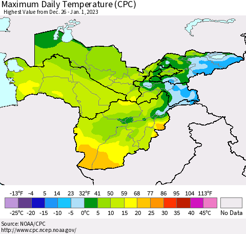 Central Asia Maximum Daily Temperature (CPC) Thematic Map For 12/26/2022 - 1/1/2023