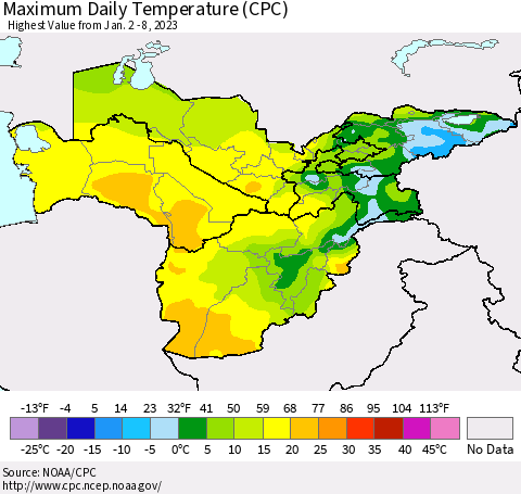 Central Asia Maximum Daily Temperature (CPC) Thematic Map For 1/2/2023 - 1/8/2023