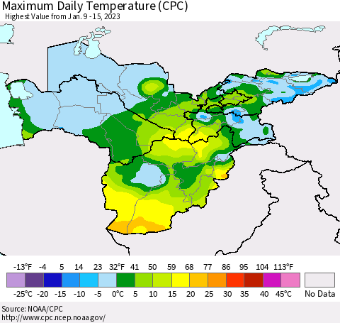 Central Asia Maximum Daily Temperature (CPC) Thematic Map For 1/9/2023 - 1/15/2023