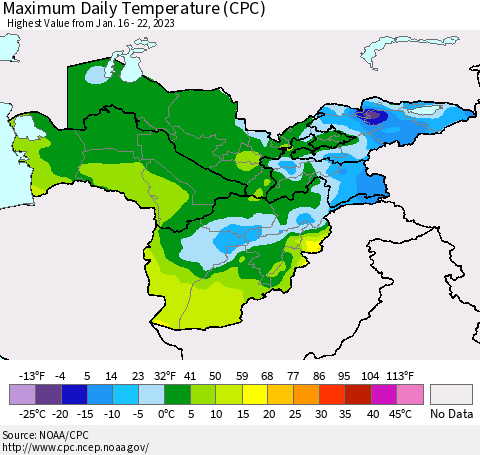 Central Asia Maximum Daily Temperature (CPC) Thematic Map For 1/16/2023 - 1/22/2023