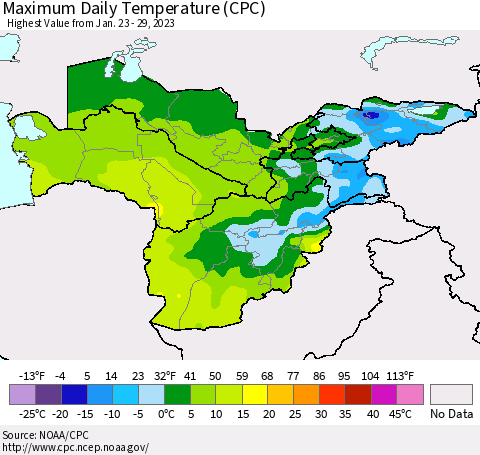 Central Asia Maximum Daily Temperature (CPC) Thematic Map For 1/23/2023 - 1/29/2023