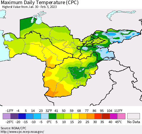 Central Asia Maximum Daily Temperature (CPC) Thematic Map For 1/30/2023 - 2/5/2023