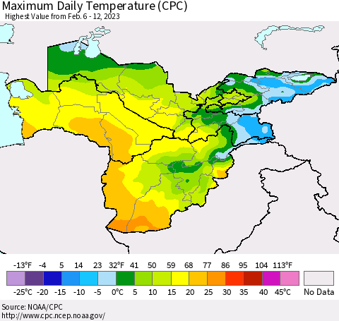 Central Asia Maximum Daily Temperature (CPC) Thematic Map For 2/6/2023 - 2/12/2023