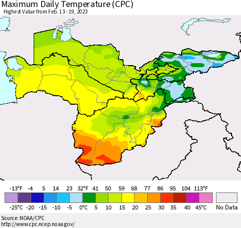 Central Asia Maximum Daily Temperature (CPC) Thematic Map For 2/13/2023 - 2/19/2023