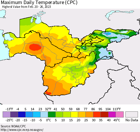 Central Asia Maximum Daily Temperature (CPC) Thematic Map For 2/20/2023 - 2/26/2023