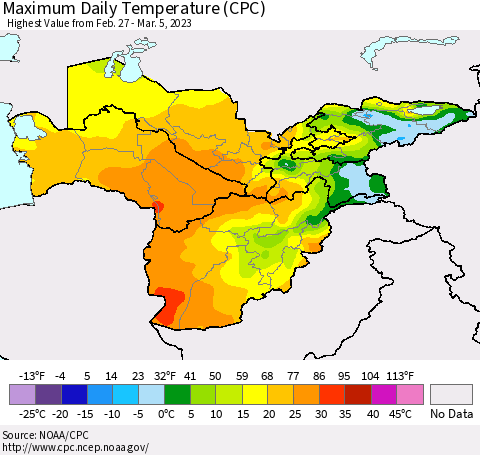 Central Asia Maximum Daily Temperature (CPC) Thematic Map For 2/27/2023 - 3/5/2023