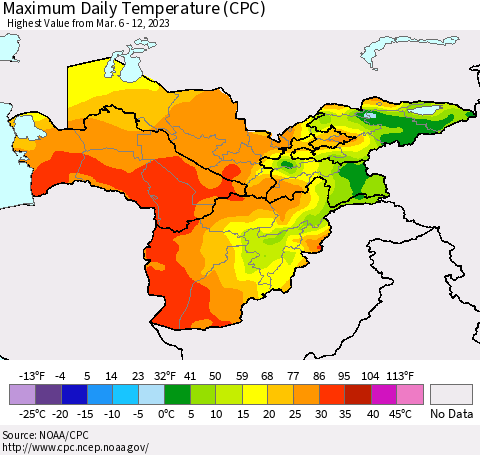 Central Asia Maximum Daily Temperature (CPC) Thematic Map For 3/6/2023 - 3/12/2023