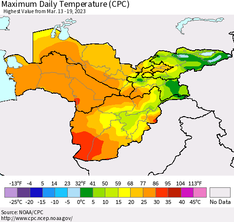 Central Asia Maximum Daily Temperature (CPC) Thematic Map For 3/13/2023 - 3/19/2023