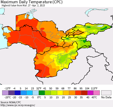 Central Asia Maximum Daily Temperature (CPC) Thematic Map For 3/27/2023 - 4/2/2023