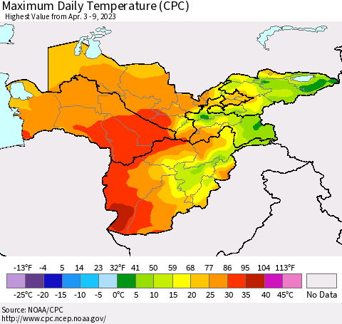 Central Asia Maximum Daily Temperature (CPC) Thematic Map For 4/3/2023 - 4/9/2023