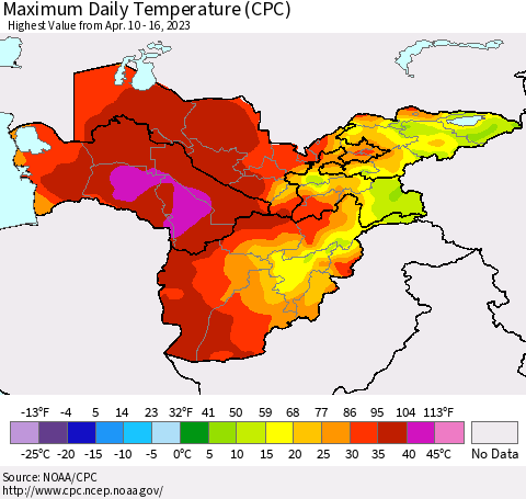 Central Asia Maximum Daily Temperature (CPC) Thematic Map For 4/10/2023 - 4/16/2023