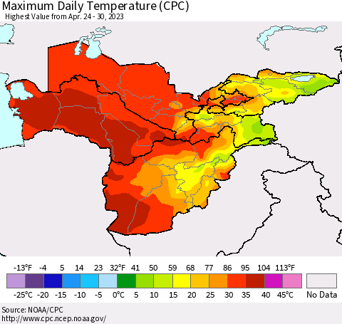 Central Asia Maximum Daily Temperature (CPC) Thematic Map For 4/24/2023 - 4/30/2023