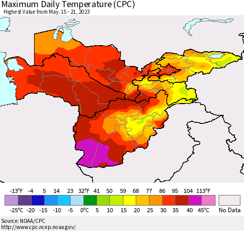 Central Asia Maximum Daily Temperature (CPC) Thematic Map For 5/15/2023 - 5/21/2023