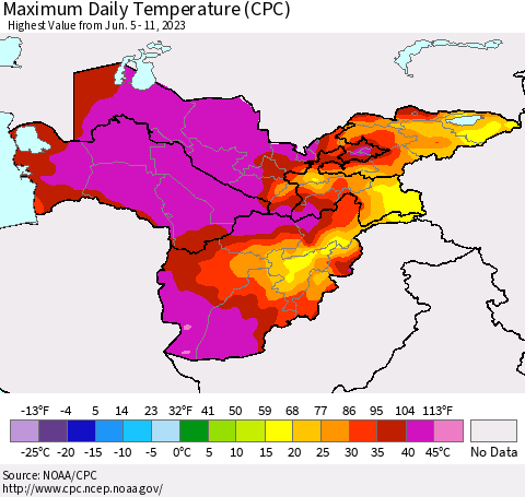 Central Asia Maximum Daily Temperature (CPC) Thematic Map For 6/5/2023 - 6/11/2023