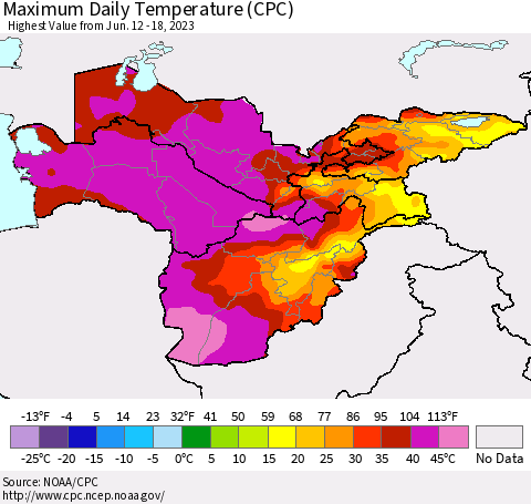 Central Asia Maximum Daily Temperature (CPC) Thematic Map For 6/12/2023 - 6/18/2023