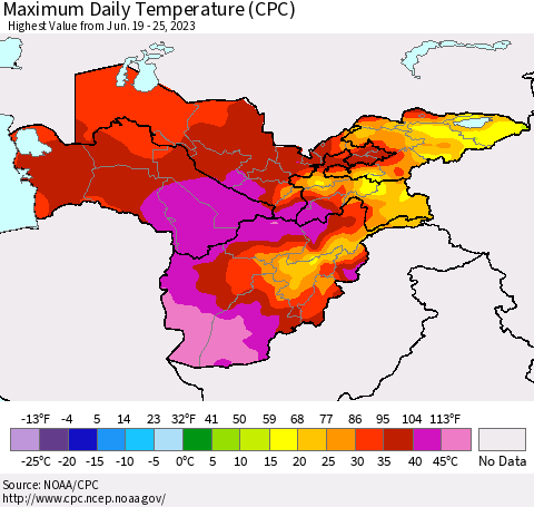 Central Asia Maximum Daily Temperature (CPC) Thematic Map For 6/19/2023 - 6/25/2023