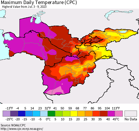 Central Asia Maximum Daily Temperature (CPC) Thematic Map For 7/3/2023 - 7/9/2023