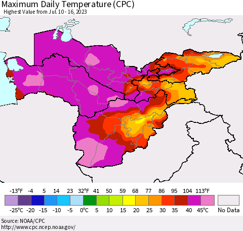 Central Asia Maximum Daily Temperature (CPC) Thematic Map For 7/10/2023 - 7/16/2023