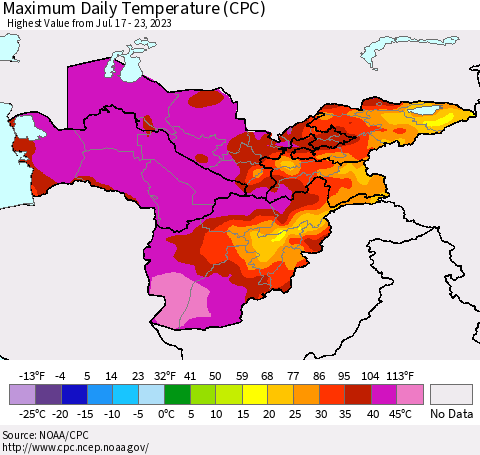 Central Asia Maximum Daily Temperature (CPC) Thematic Map For 7/17/2023 - 7/23/2023
