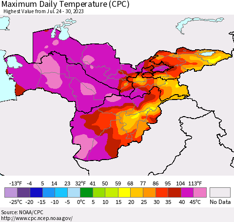 Central Asia Maximum Daily Temperature (CPC) Thematic Map For 7/24/2023 - 7/30/2023