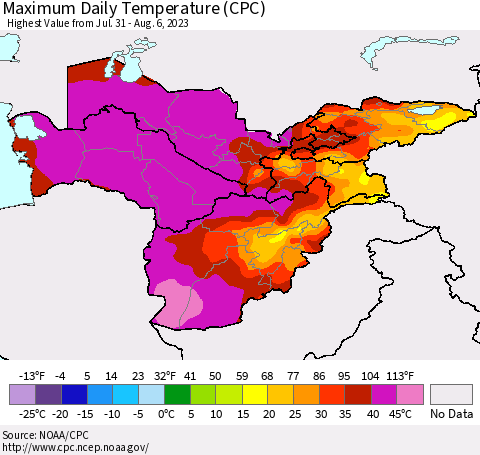 Central Asia Maximum Daily Temperature (CPC) Thematic Map For 7/31/2023 - 8/6/2023