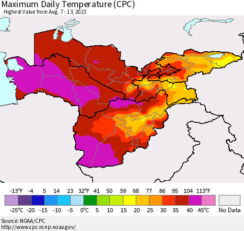 Central Asia Maximum Daily Temperature (CPC) Thematic Map For 8/7/2023 - 8/13/2023