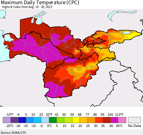 Central Asia Maximum Daily Temperature (CPC) Thematic Map For 8/14/2023 - 8/20/2023