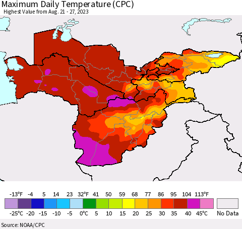 Central Asia Maximum Daily Temperature (CPC) Thematic Map For 8/21/2023 - 8/27/2023