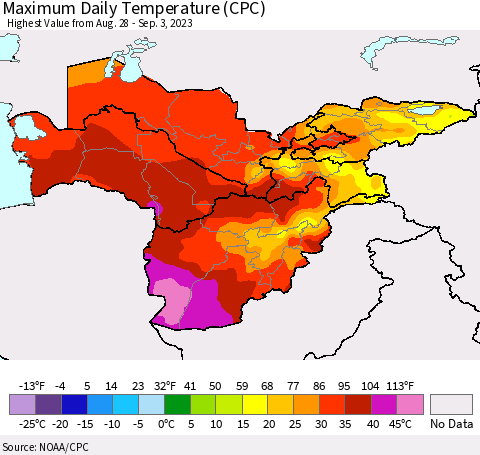 Central Asia Maximum Daily Temperature (CPC) Thematic Map For 8/28/2023 - 9/3/2023