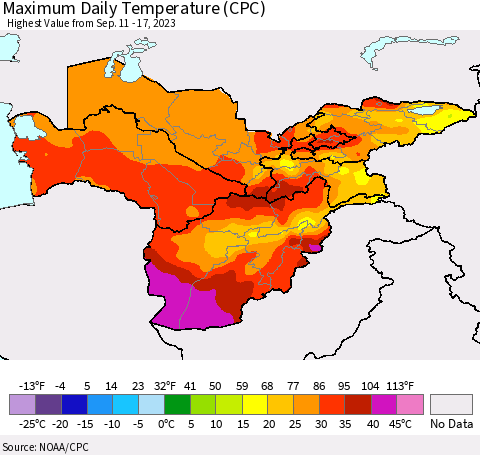 Central Asia Maximum Daily Temperature (CPC) Thematic Map For 9/11/2023 - 9/17/2023