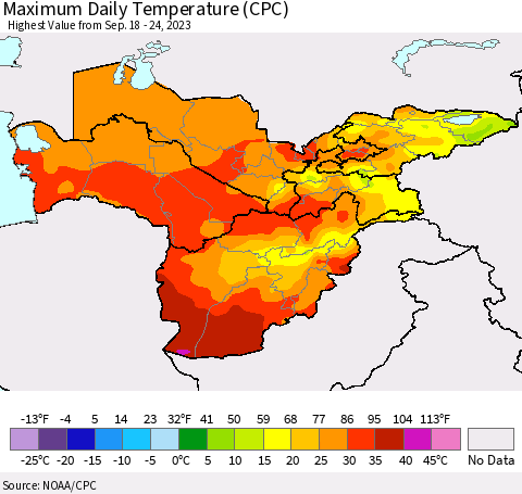 Central Asia Maximum Daily Temperature (CPC) Thematic Map For 9/18/2023 - 9/24/2023