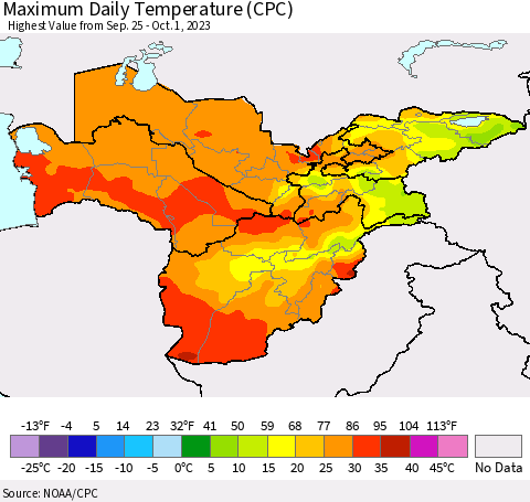 Central Asia Maximum Daily Temperature (CPC) Thematic Map For 9/25/2023 - 10/1/2023