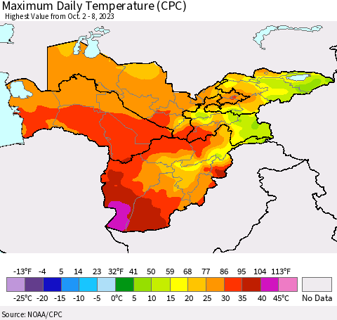 Central Asia Maximum Daily Temperature (CPC) Thematic Map For 10/2/2023 - 10/8/2023