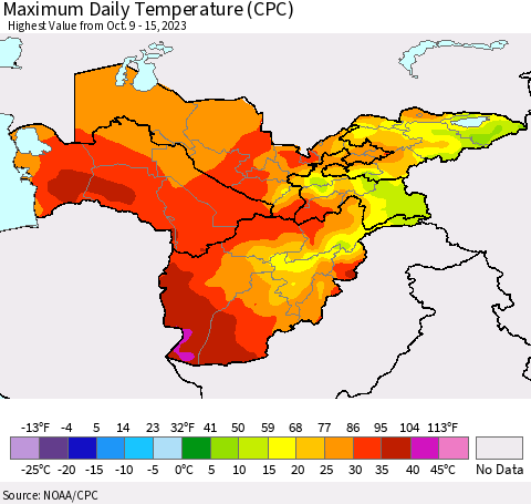 Central Asia Maximum Daily Temperature (CPC) Thematic Map For 10/9/2023 - 10/15/2023