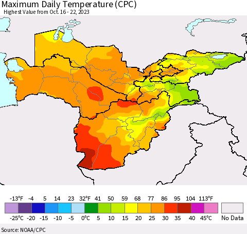 Central Asia Maximum Daily Temperature (CPC) Thematic Map For 10/16/2023 - 10/22/2023