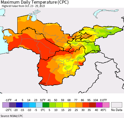 Central Asia Maximum Daily Temperature (CPC) Thematic Map For 10/23/2023 - 10/29/2023