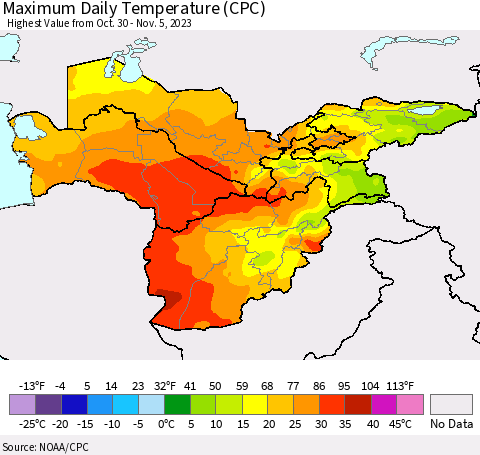 Central Asia Maximum Daily Temperature (CPC) Thematic Map For 10/30/2023 - 11/5/2023