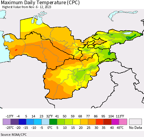 Central Asia Maximum Daily Temperature (CPC) Thematic Map For 11/6/2023 - 11/12/2023