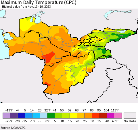Central Asia Maximum Daily Temperature (CPC) Thematic Map For 11/13/2023 - 11/19/2023